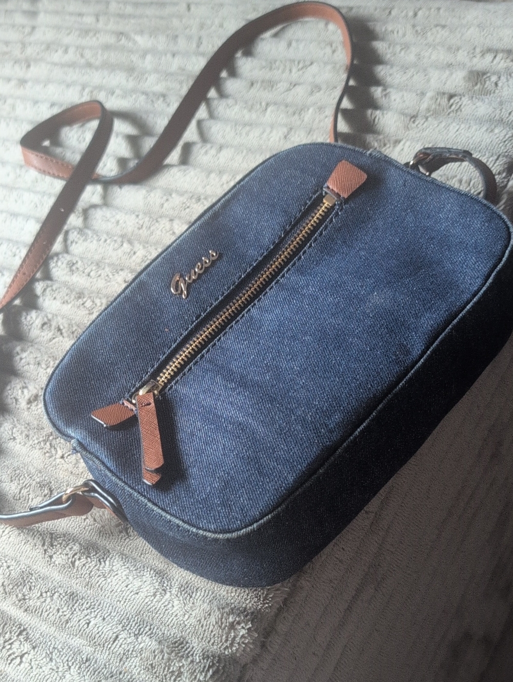 Guess Navy Denim Crossbody Bag with Brown Trim and Gold Hardware